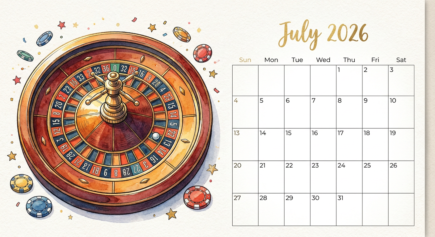 July 2026 Roulette Calendar - Printable Casino Style Wall Calendar
