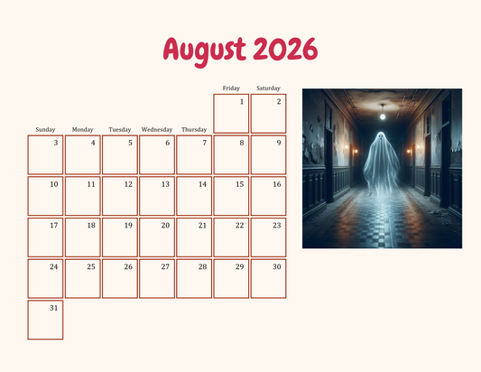 August 2026 Ghost Calendar Printable - Cursed Paper Company